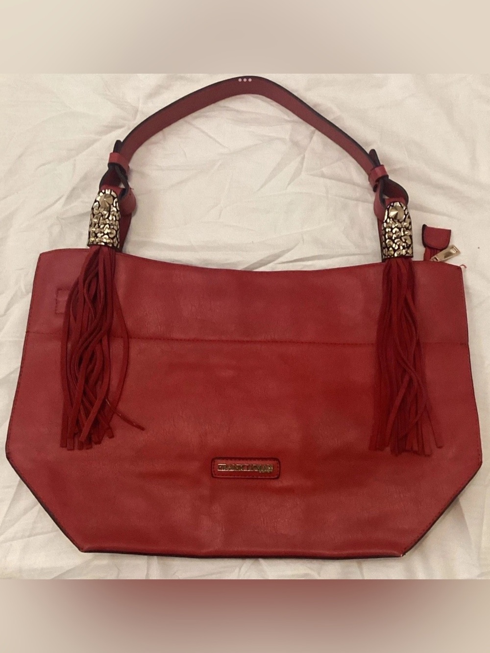 Frank Lyman Design Red Leather Tassel Shoulder Bag with Gold Accents - Picture 2 of 13
